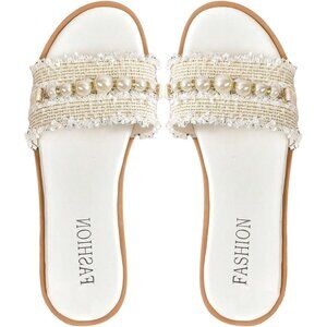 Women's White Tan Block Faux Pearls Decor Summer Flat Slides Sandals Shoes